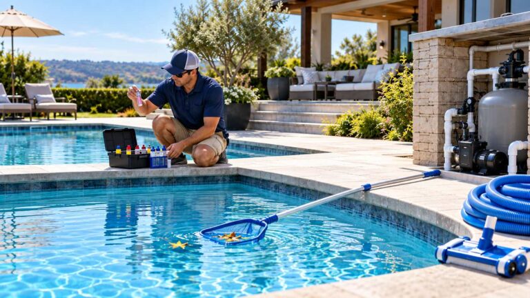 Swimming pool maintenance at a residential backyard pool
