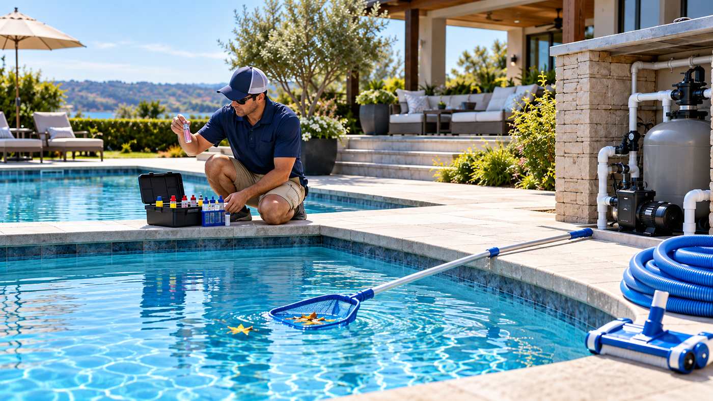 Swimming pool maintenance at a residential backyard pool