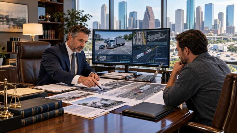 Texas truck accident attorney reviewing commercial truck collision evidence with a client