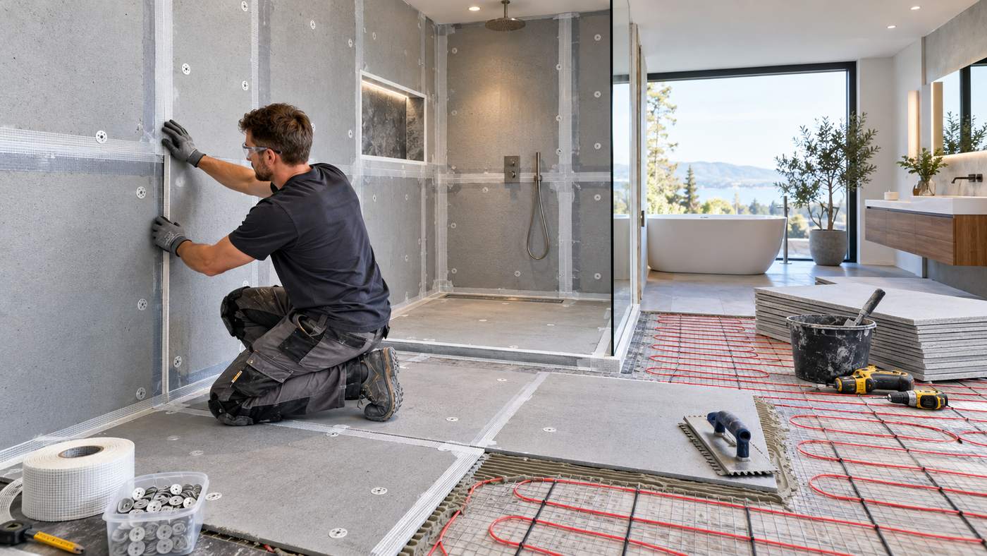 Thermal construction board installed in a modern bathroom