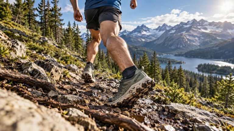 Trail running shoe on a rugged mountain trail