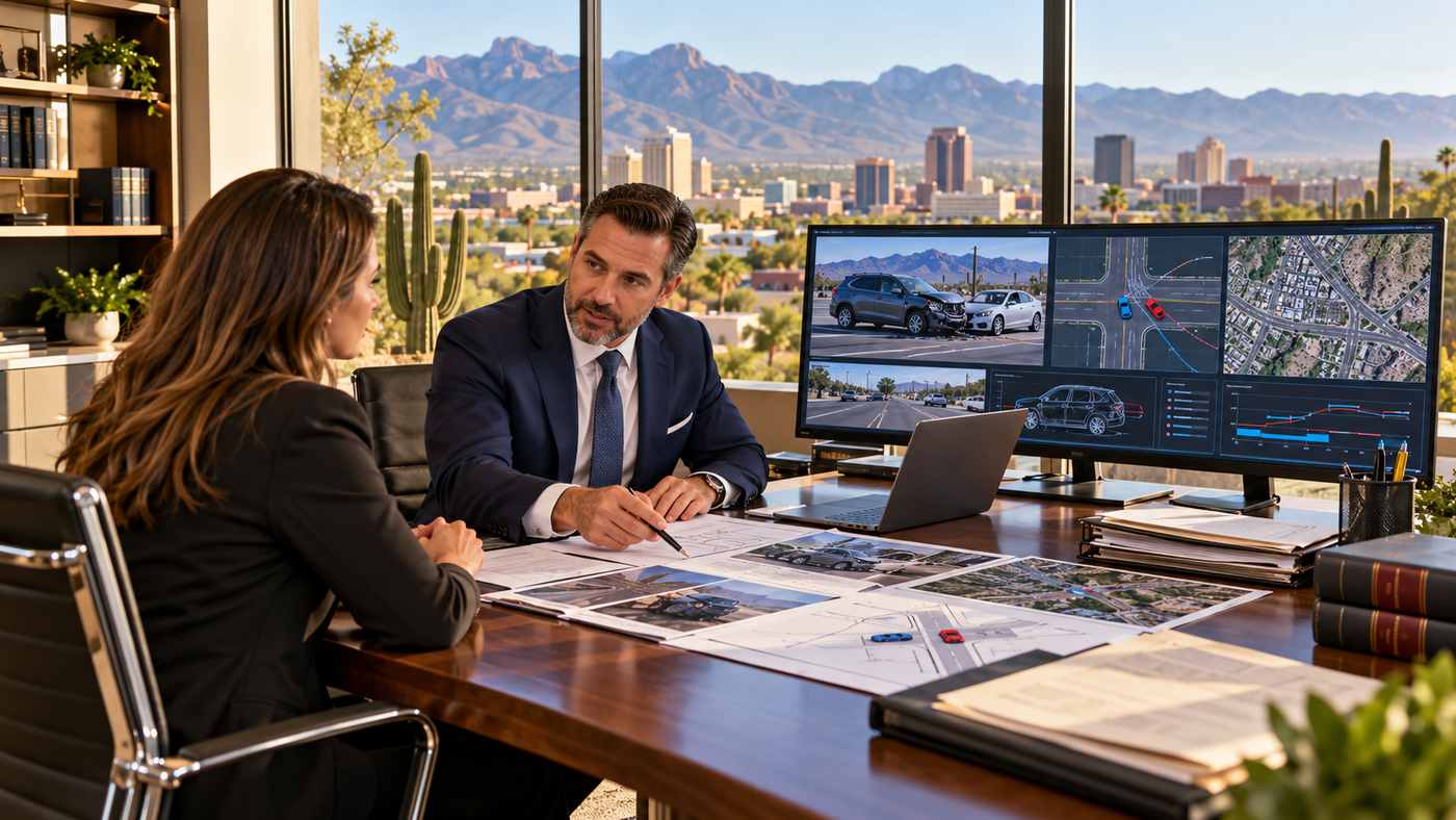 Tucson car accident lawyer reviewing Arizona vehicle collision evidence with a client