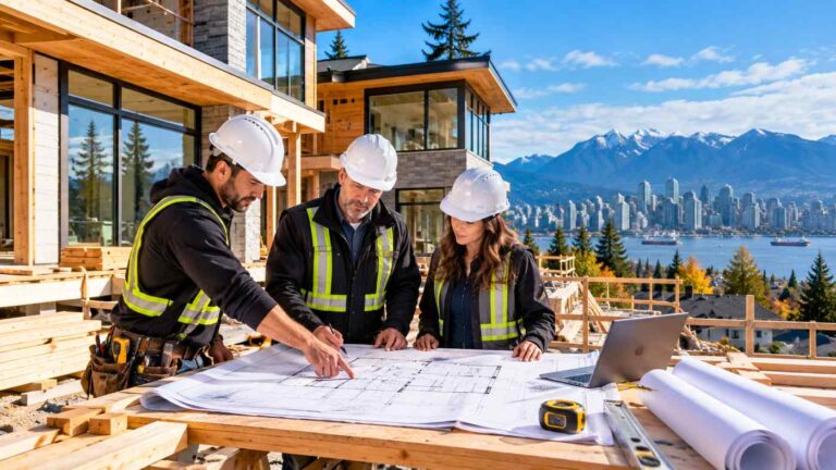 Professional Vancouver general contractors reviewing construction plans at a modern residential building site in British Columbia