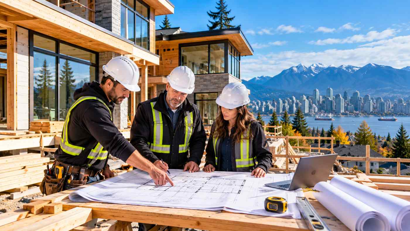 Professional Vancouver general contractors reviewing construction plans at a modern residential building site in British Columbia