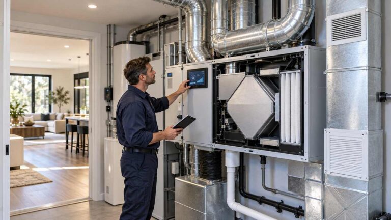 Professional HVAC technician inspecting a modern home ventilation system with air ducts, filters, and energy-efficient equipment.