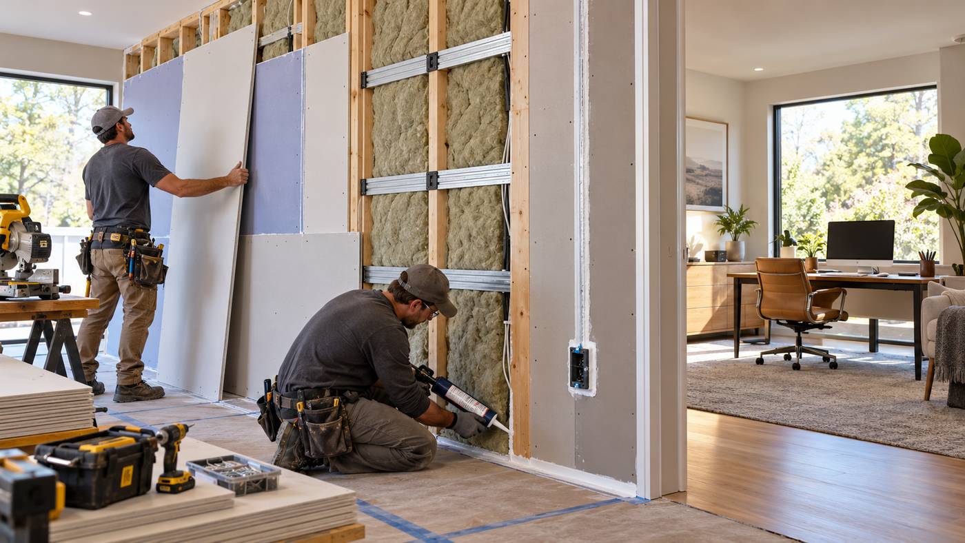 Professional wall soundproofing installation with acoustic insulation