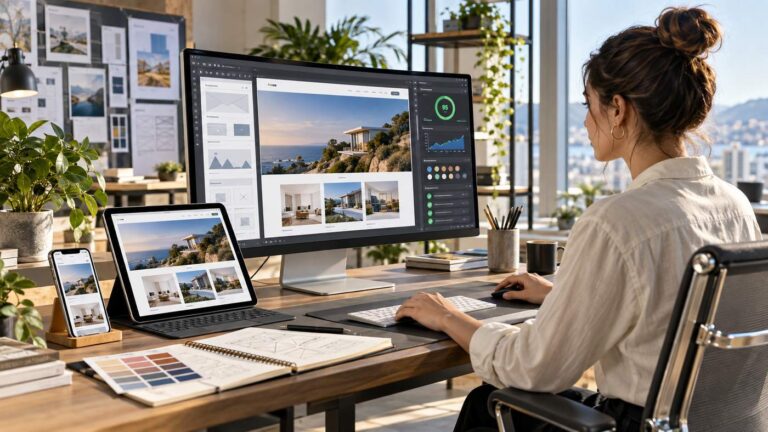 Professional web design workspace with responsive layouts