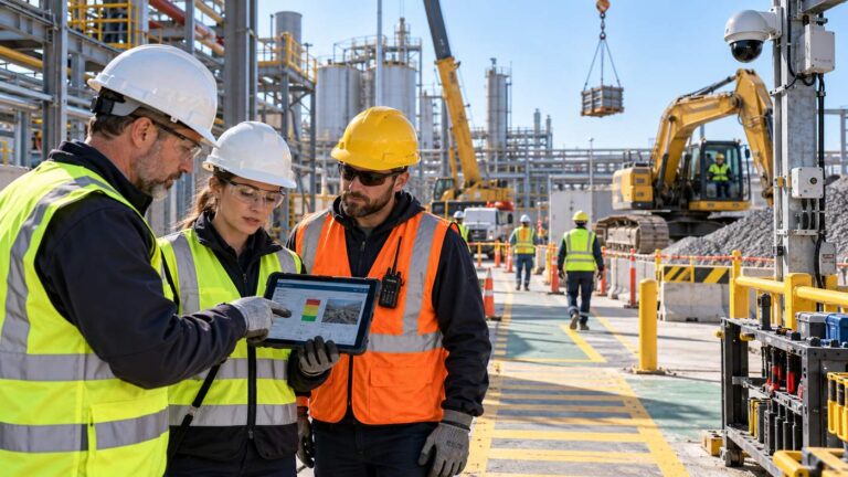 Workers identifying worksite hazards during a safety inspection